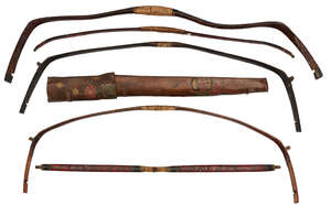 
	
		Four Chinese bows, early 19th century, three with cow horn mounts, one decorated with...