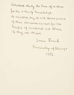 
	
		Frank( James, Nobel prize winner) 6 line ms. note Scientists study the laws of nature...,...