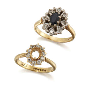 Two rings, comprising: a sapphire and diamond cluster, the central oval sapphire within a single-cut diamond surround, ring size H (hoop distorted); the second