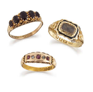 
	
		A George III mourning ring and two late Victorian gem rings, the first 18ct gold, the...