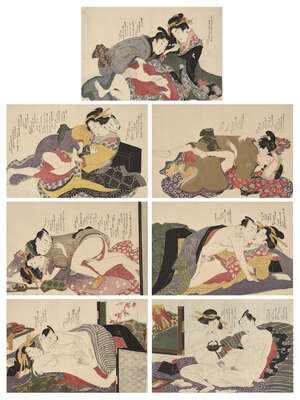 
	
		Hokusai School, Japanese c.1820s, seven shunga prints depicting various amorous couples,...