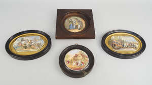 A pair of shaped Pratt ware printed pottery pot lids, 19th century, decorated with equestrian scenes after Wouvermann, 14cm wide, framed, together with two oth