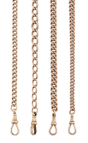 Four late 19th/early 20th century 9ct gold watch chains, of curb link design with bar and clip terminals, various lengths (4)