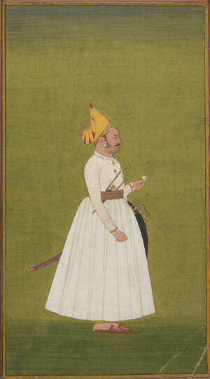 
	
		A portrait of a courtier, Bikaner school, India, circa 1800, opaque pigments on paper,...