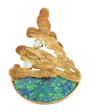 
	
		An opal and diamond pendant, by Julia Plana, the abstract design pendant set with lunette...