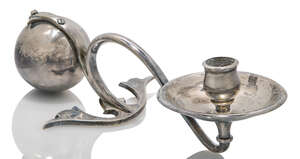 
	
		William Arthur Smith Benson (1854-1924), a plated candlestick  
		c.1890, stamped BENSON...
