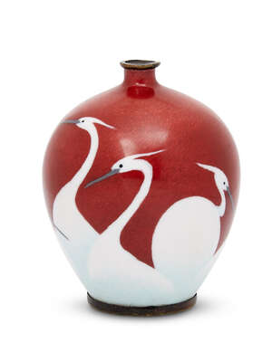 
	
		A Japanese enamel vase, late Meiji/ Taisho period, with flared rim to a globular body,...