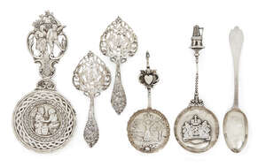 
	
		A group of six decorative spoons, comprising: a pair of Victorian bonbon spoons, ...