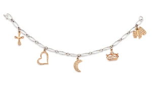 A diamond set charm bracelet, designed as an elliptical-link bracelet suspending assorted...