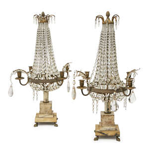 
	
		A pair of French gilt-brass and glass four-light candelabra, 20th century, on marble and...
