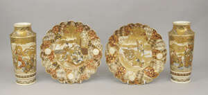 
	
		A pair of Japanese satsuma cylindrical vases, late 19th/early 20th century, decorated...