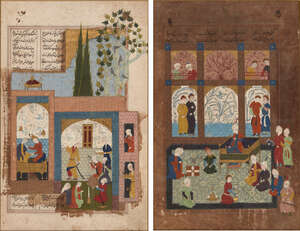 
	
		Two illustrations from a Shahnameh, Iran, 16th century, opaque pigments heightened with...