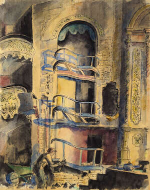 Helen Kapp, British 1901-1978- Demolishing the set at The Old Vic; pen, ink and watercolour, signed and dated '50, 38.6x30.7cm, (mounted, unframed) (ARR)
