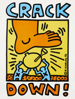 
	
		Keith Haring, 
		Ameircan 1958-1990-
		 
		Crack Down, 1986;
		 
		lithograph in colours...