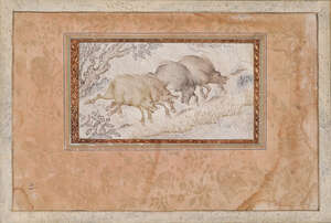A Qajar painting of a group of wild boars, Iran, 19th century or earlier, gouache on paper, the four boars running in a treed landscape, within pale pink borde