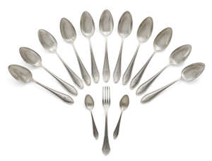 
	
		A set of eleven German 800 silver table spoons, with thread pattern edge and shaped...