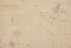 
	
		A drawing of Krishna and Radha on a terrace, Jaipur, India, circa 1800, graphite on dark...