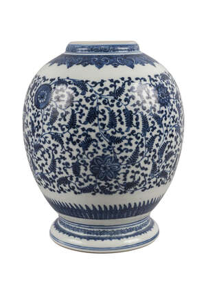 A Chinese porcelain bulbous vase, 18th century, painted in underglaze blue with chrysanthemum blooms and meandering leafy scrolls, unmarked, 23cm high