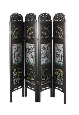 
	
		A Chinese cloisonné set hardwood four-section three-fold table screen, late Qing dynasty,...