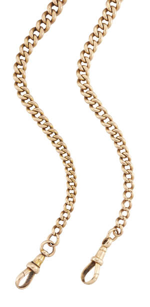 Two late 19th/early 20th century 15ct gold watch chains, of curb link design, one with clip and bar terminals, length 36cm, the other with hoop, clip and bar, 