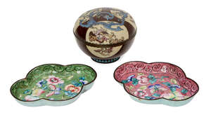 
	
		A Japanese cloisonné box and cover, Meiji Period, of circular form, with central dragon...