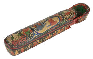 
	
		A large lacquered papier mache qalamdan, Kashmir, India, circa 1800, with rounded ends,...