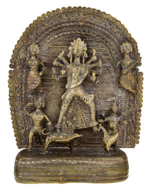 
	
		A large brass shrine with Durga and figures, possibly Kerala, India, late 19th century,...