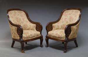 
	
		A pair of Louis Phillipe style bergere armchairs, 20th Century, the curved backs above...