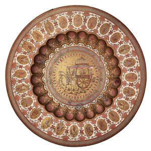 
	
		A large Jeypore School of Art brass and polychrome painted tray, Jaipur, India, early...