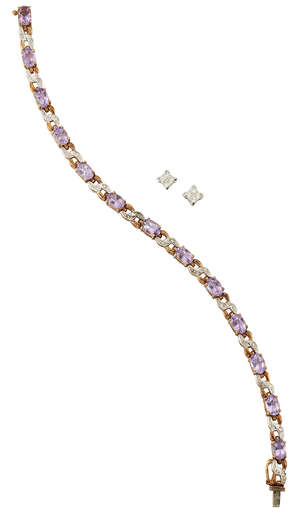 An amethyst bracelet and  a pair of diamond ear-studs,  the bracelet  designed as a series of claw-set oval amethyst links with single-cut diamond two stone sp