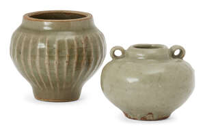 
	
		Two Chinese grey stoneware celadon jarlets, Song - Yuan dynasty, one with lug handles to...