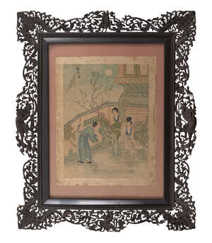 
	
		19th century Chinese School, ink and colour on silk, garden landscape depicting ladies...