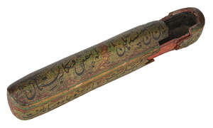 
	
		A large lacquered papier mache qalamdan with calligraphy, Kashmir, India, circa 1800,...