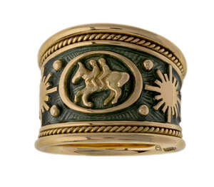 
	
		An 18ct gold, Gemini Zodiac 'Templar' ring, by  Elizabeth Gage, of tapered design...