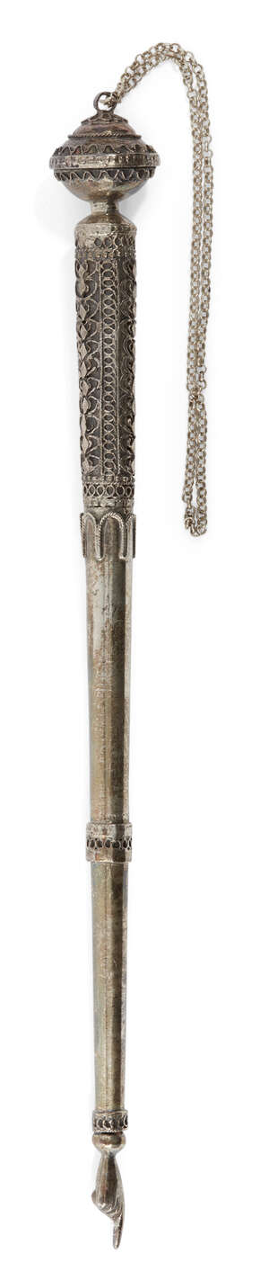 
	
		An Israeli Torah pointer, yad, signed Bezalel in Hebrew above the central ferrule,...