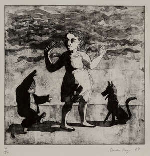 
	
		Paula Rego, 
		British 1935-2022- 
		 
		Girl with Little Man and Dog, 1987;
		 
		