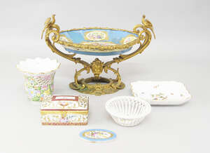 
	
		A Sevres style porcelain oval dish, late 19th century, decorated to the centre with...