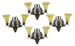 
	
		Edgar Brandt (1880-1960) and Daum, a set of four Art Deco wrought-iron and Daum glass...