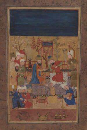 
	
		Two Kings at a Durbar, Shiraz, Iran, mid-16th century, gouache on paper heightened with...