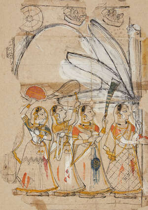 
	
		Four gopis beneath a plantain tree, Kotah, India, circa 1850, brush drawing in black ink...