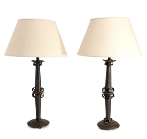 A pair of modern sheet iron table lamps, each of tapering form and fabric shades, 51cm high exc. fitment (2)
Provenance: Supplied by Sibyl Colefax & John Fowle