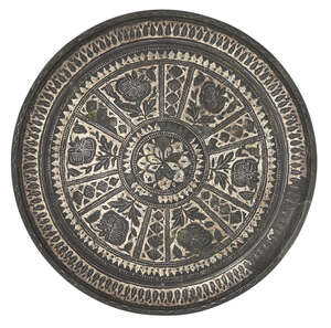 
	
		A small silver-inlaid bidri tray, India, 19th century, of circular form, decorated with a...