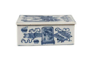 A Chinese porcelain rectangular box and cover, early 19th century, painted in underglaze blue with precious objects, unmarked, 13cm x 9.5cm x 5cm