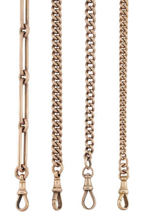 Four late 19th/early 20th century 9ct gold watch chains, three of cable link and one of fetter link design, clip, bar and loop terminals, various lengths (4)