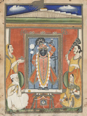 
	
		Srinathji with Nanda and Jasoda, Nathdwara, 19th century, opaque pigments on paper, 33 x...