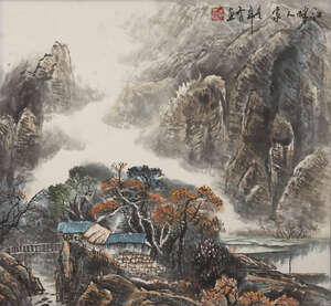 
	
		20th century Chinese School, ink and colour on paper, mountainous landscape with bridge,...