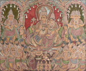 
	
		A devotee's icon of Vishnu and Shri enthroned, Mysore, South India, late 19th-early 20th...