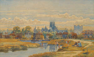Ernest R Fox, British, late 19th/early 20th century- Boys bathing in a river; watercolour,...