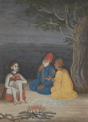 
	
		A Sadhu and two dervishes, India, circa 1870, opaque pigments on paper, mounted, glazed...