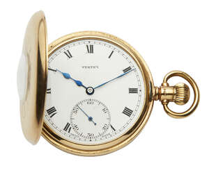 
	
		A 9ct gold demi-hunter keyless pocket watch by Vertex, the white enamel dial with Roman...